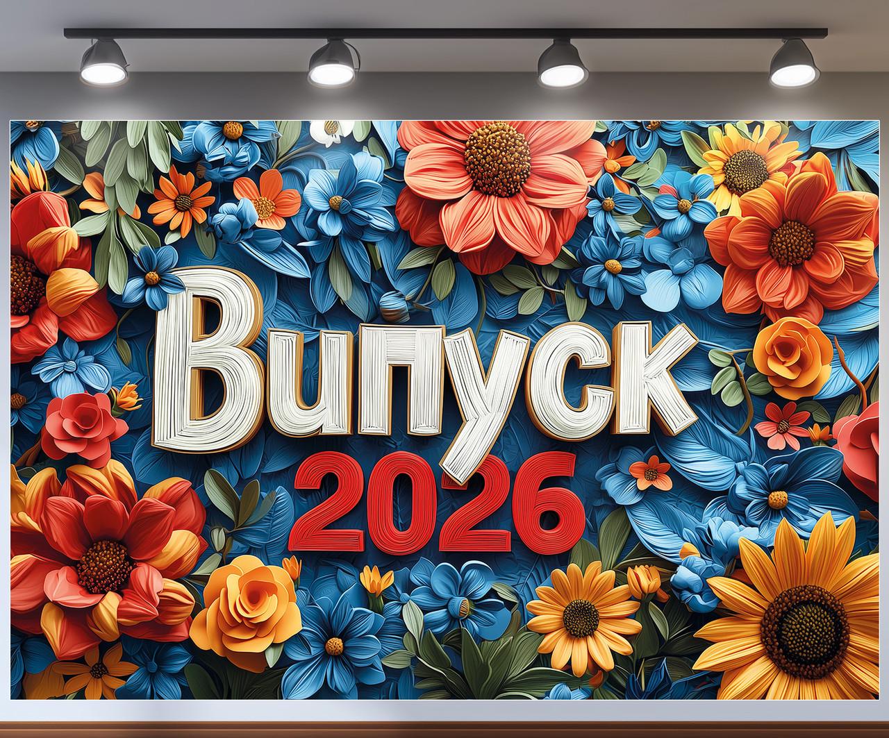 Баннер для фотозоны "Випуск 2026" яркие цветы подсолнухи и маки на синем фоне последний звонок 240x160 см №41330