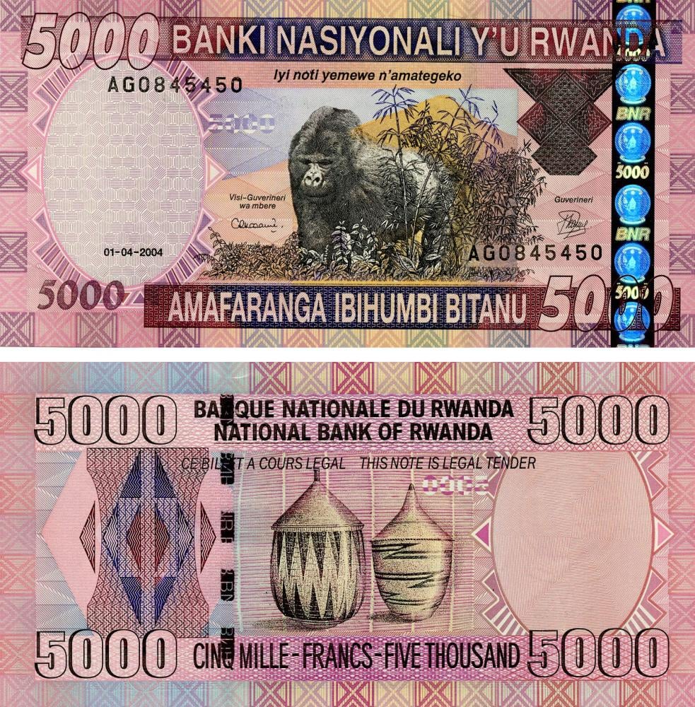 Коллекционная банкнота Руанда 5000 франков 2004 UNC Обезьяна-Горилла P33 (Б15974)