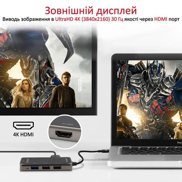 USB-C хаб Promate 7-в-1 PrimeHub-Lite HDMI/USB-C/USB 3.0/2xUSB 2.0/SD/MicroSD Grey - фото 3