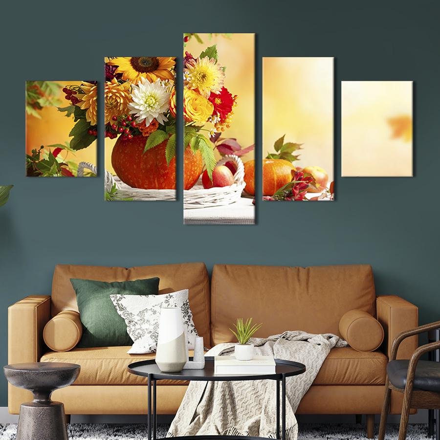 Модульная картина из 5 частей на холсте интерьерная картина Тыква и осенний букет 187x94 см (267-52)