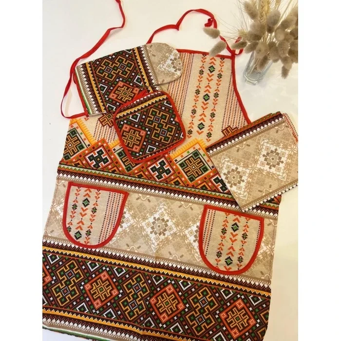 Кухонный набор Вышиванка 4в1 Фартук/полотенце/прихватка/варежка Коричневый