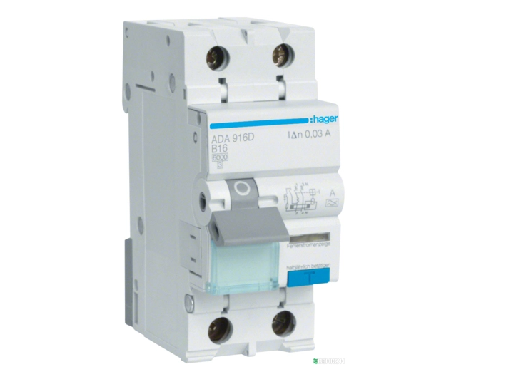 Выключатель автоматический дифференциальный Hager ADA916D 1P+N 6kA В-16A 30mA (27436462)