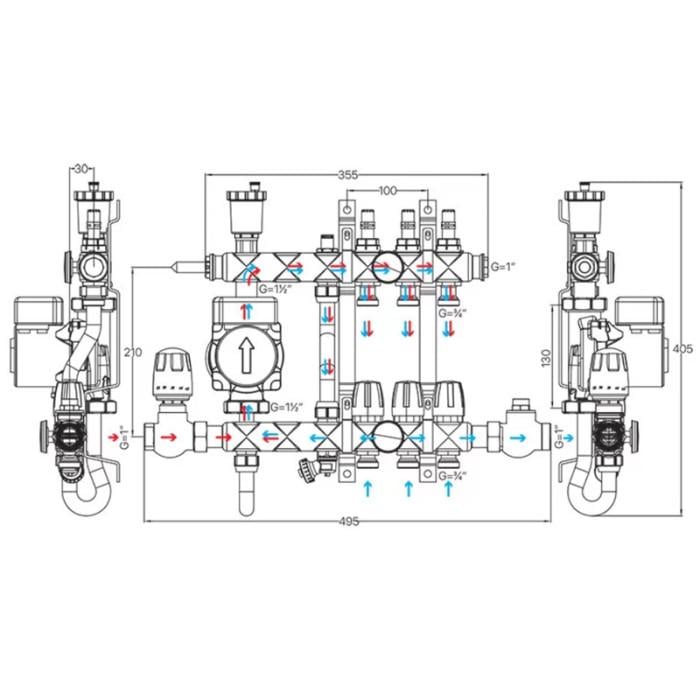 Коллектор со смесительным узлом KOER KR.S1013-02 1"×2 и евроконусом Ø 3/4" х 16 шт. (KR2945) - фото 2