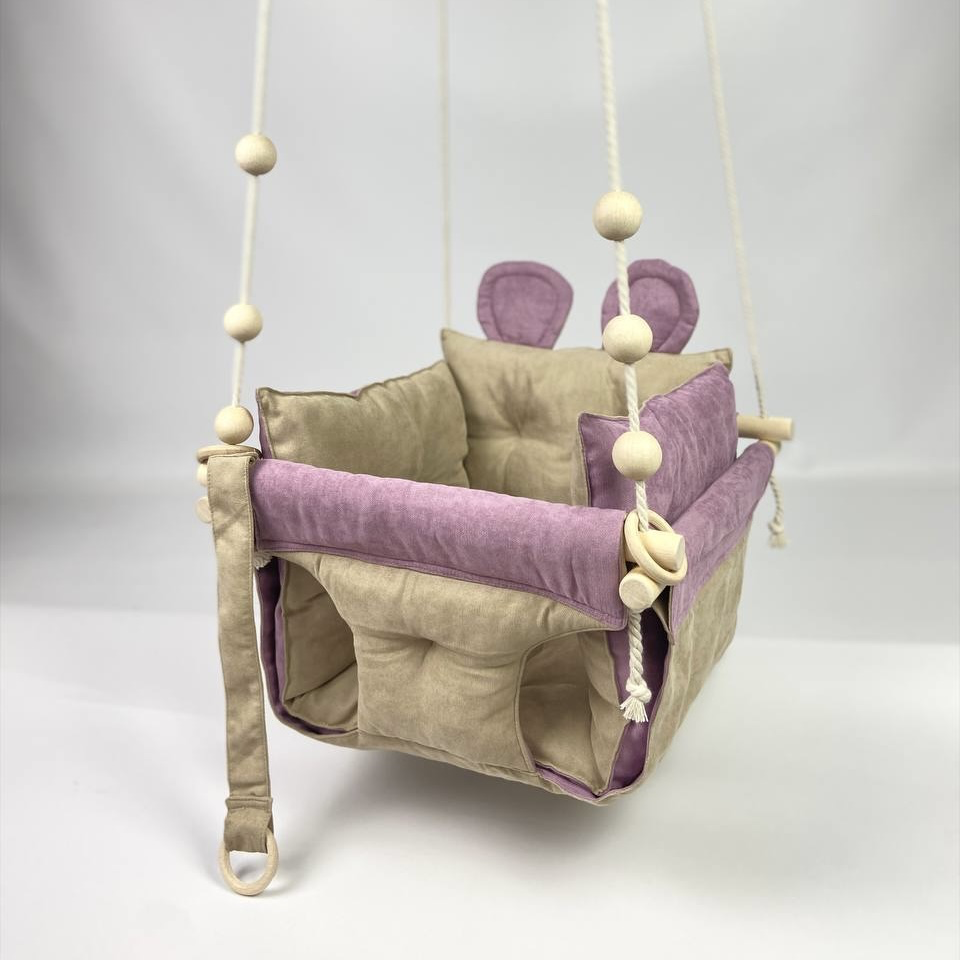 Подвесные детские качели Премиум+ с микровелюра с ушками Бежевый (gs-8785)