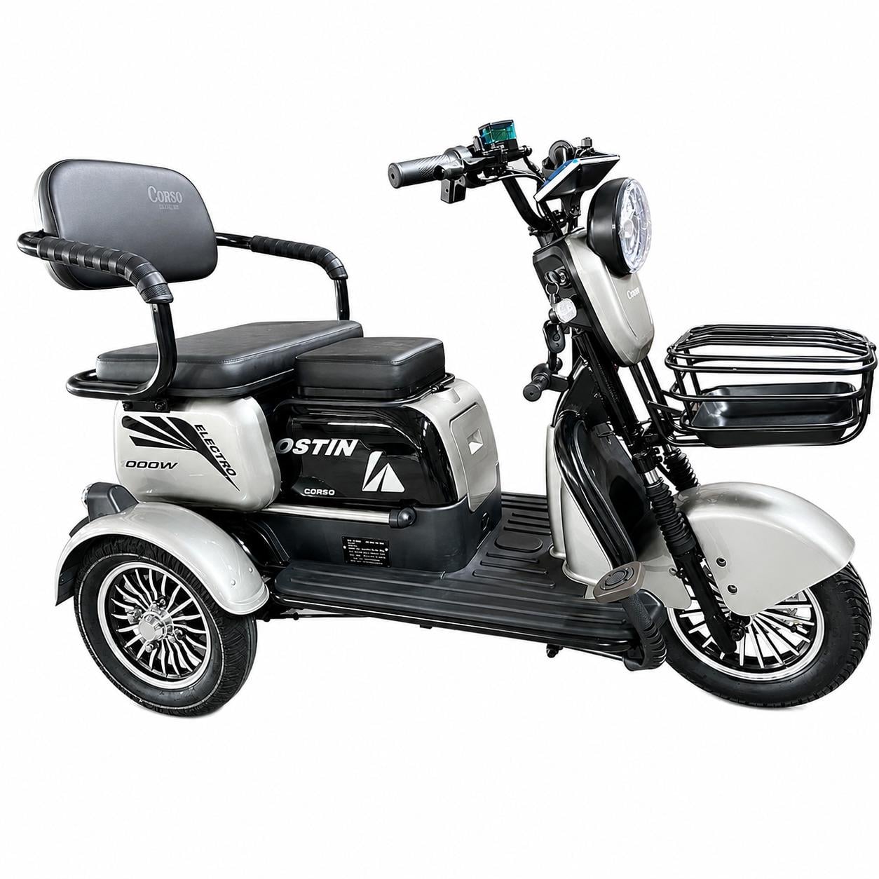 Трицикл электрический Corso Ostin 1000W 72V 23Ah и 1 ящик/аккумулятор/гидравлический тормоз Серый