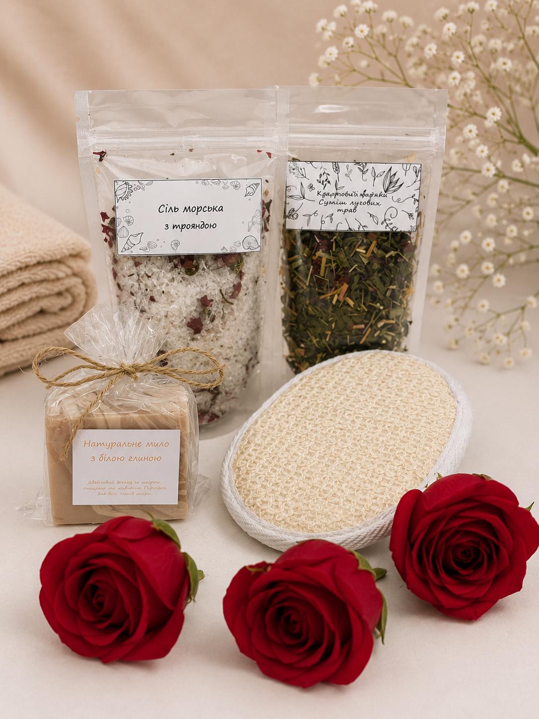 Набор подарочный SPA с морской солью и розами Relax Rose Premium Натуральное мыло/крафтовый чай/органическая мочалка (5743-2261)