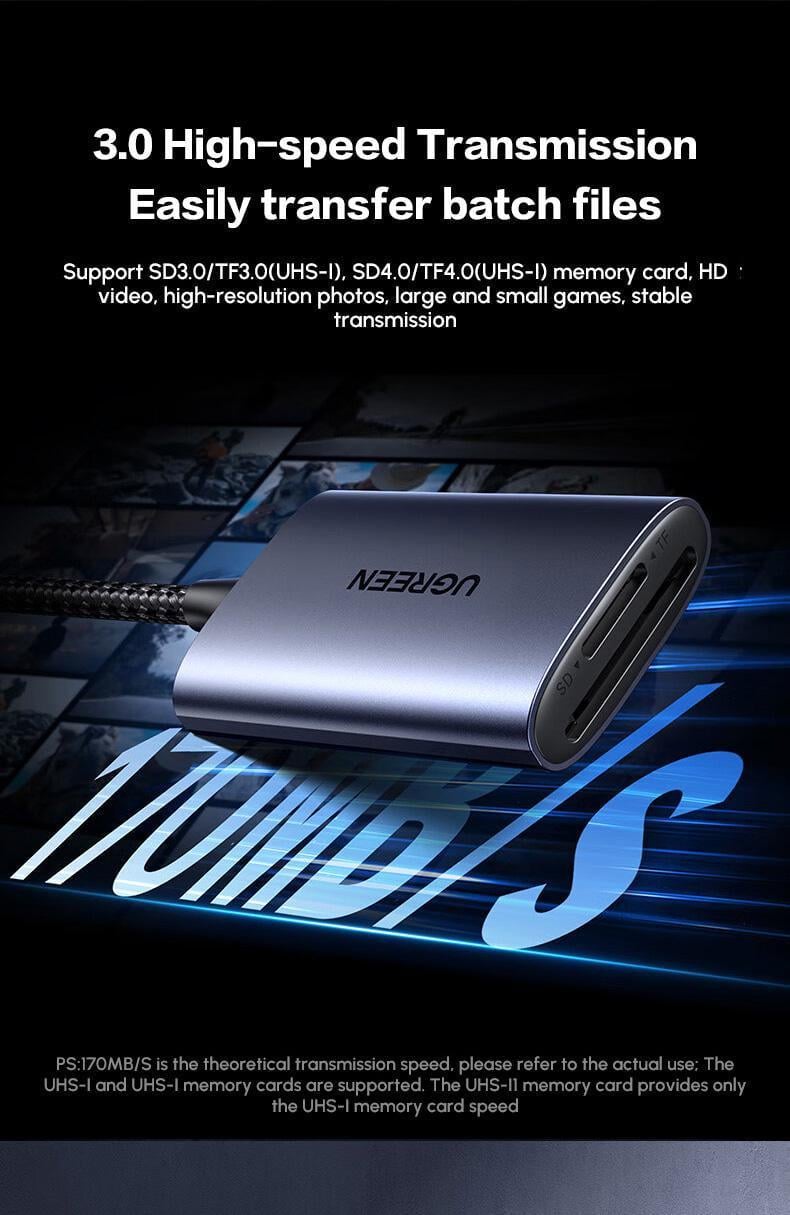 Кардрідер UGREEN USB-C 15см USB-C/5 Гбіт/с Читання SD/TF одночасно карт до 2 ТБ алюмінієвий Нейлоновий Сірий (80888) - фото 3