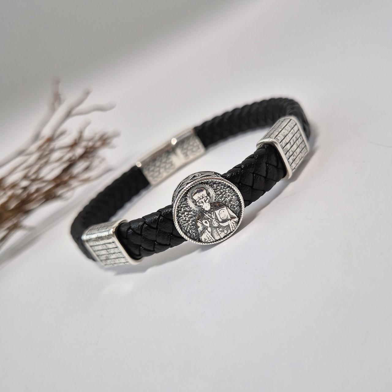 Браслет кожаный широкий Оберег Св. Николай с молитвой серебро 925 пробы черненое 23,94 г 22 см (75336)