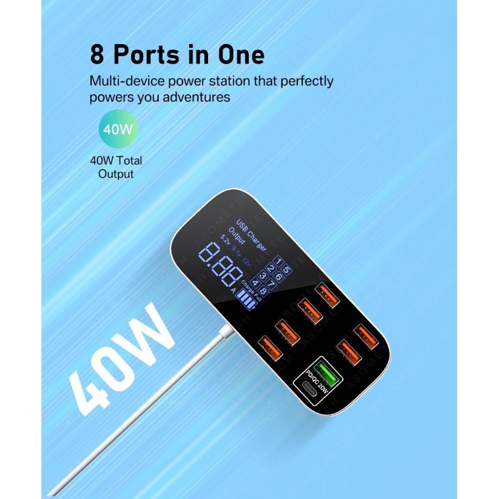 Зарядний пристрій мережевий Asometech 40W PD3.0 QC 3.0 8 USB (25397265) - фото 5 Зарядний пристрій мережевий Asometech 40W PD3.0 QC 3.0 8 USB (25397265) - фото 5
