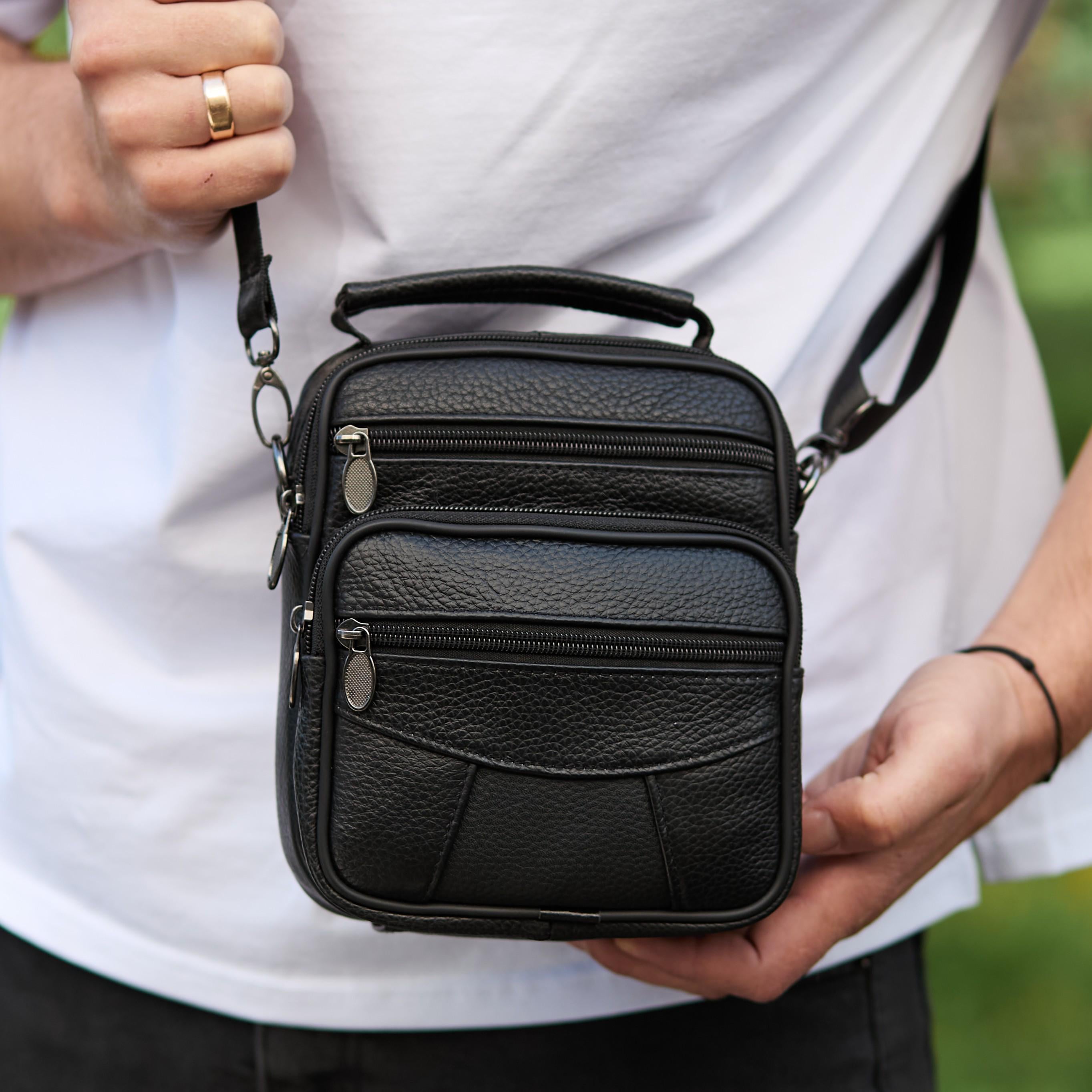 Мужская сумка-мессенджер кожаная Tiding Bag 17х21х9 см Черный