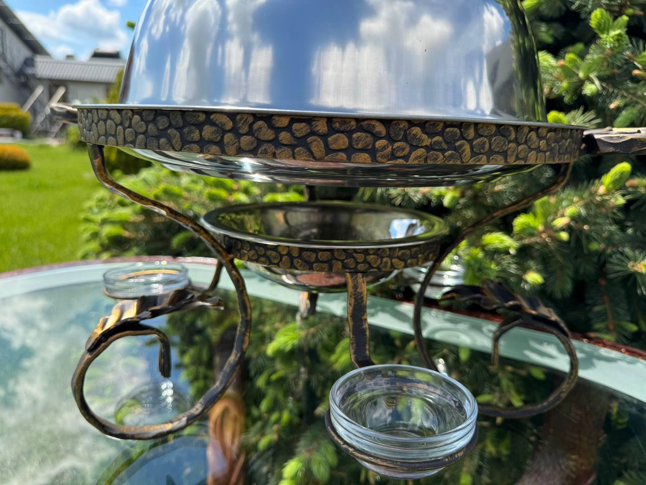 Садж підставка для шашлику та м'яса з 3 соусницями та підігрівом ручної роботи 36 см - фото 3 Садж підставка для шашлику та м'яса з 3 соусницями та підігрівом ручної роботи 36 см - фото 3