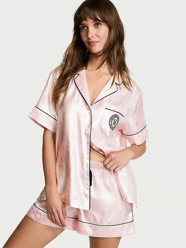 Піжама сорочка/шорти сатинова Victoria's Secret Glazed Satin Short Pajama Set Logo NEW М Рожевий (26935447)