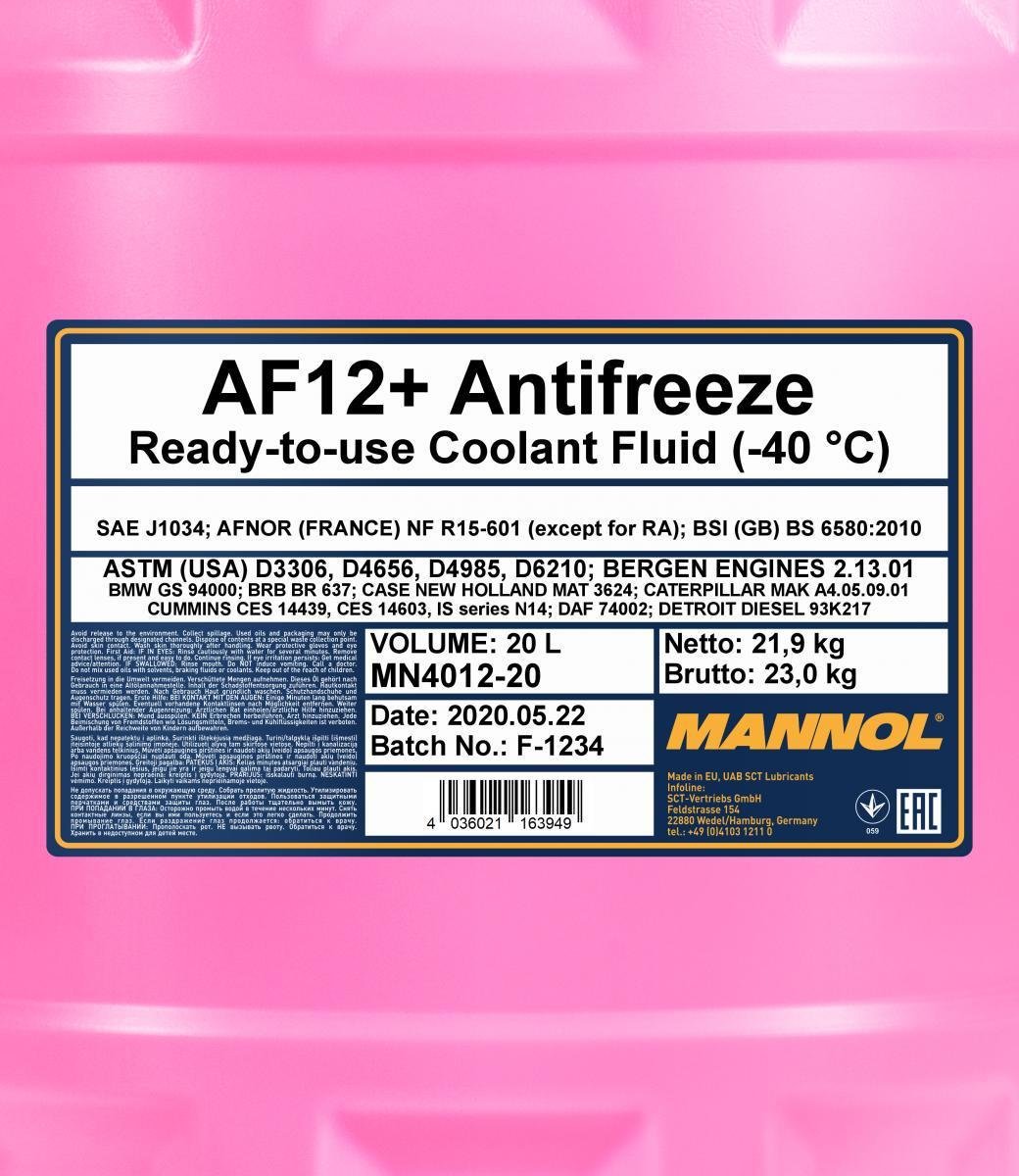 Антифриз Mannol 4012 Longlife Antifreeze AF12+ -40°C готовый раствор 20 л Красный (MN4012-20) - фото 2