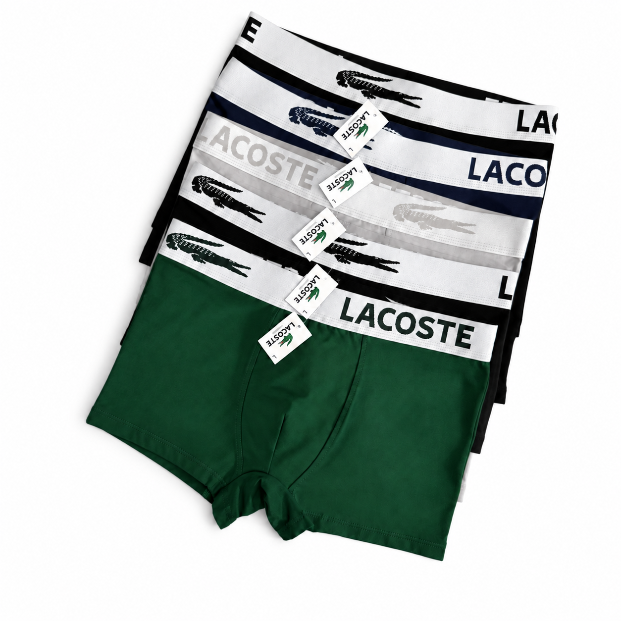 Боксеры мужские в стиле Lacoste с белой резинкой ХХL 5 шт. Темно-синий/Серый/Темно-зеленый/Черный (LC01-5-01)