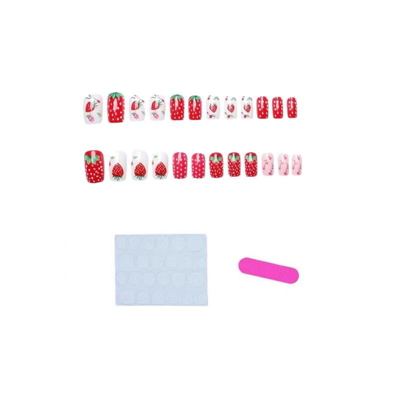 Накладні нігті Полуничка квадрат з клейовими пластинами 24 шт. Різнокольоровий (2689612506)