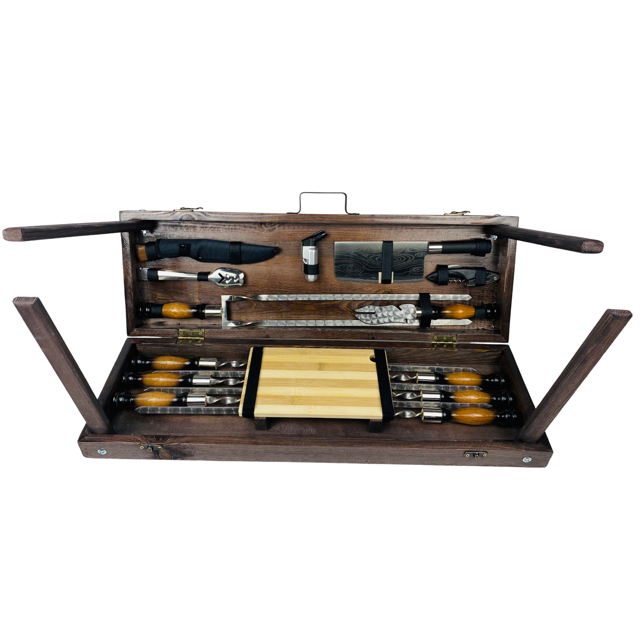 Набор шампуров в кейсе с аксессуарами Бизон с деревянными ручками