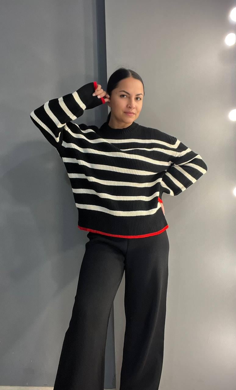 Светр жіночий MIX RAY 6635 смужка подовжений вільний крій OS Чорний (1041) - фото 6