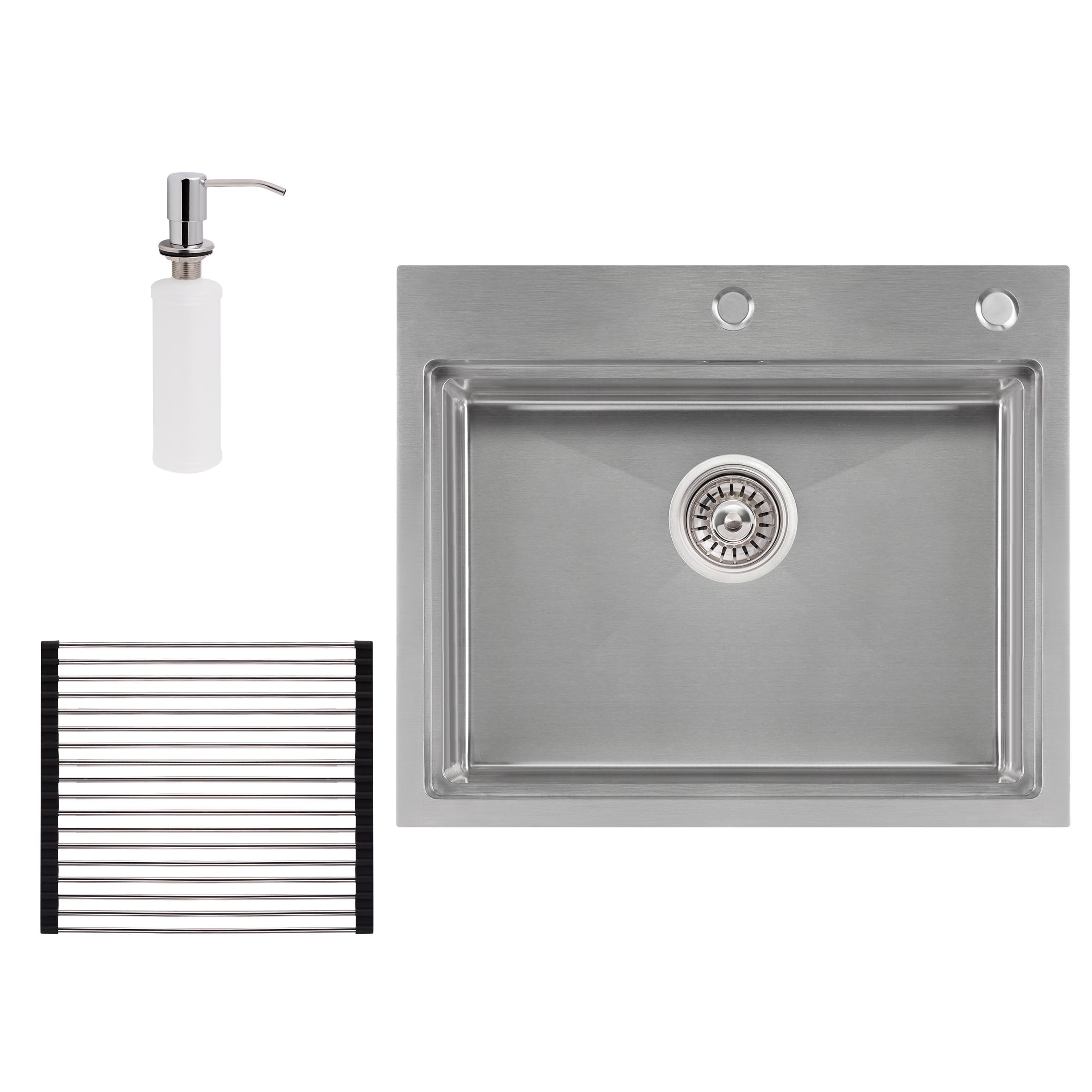 Набір 3в1 Qtap кухонна мийка DH6050 3,0/1,2 мм Satin/сушарка/дозатор для миючого засобу