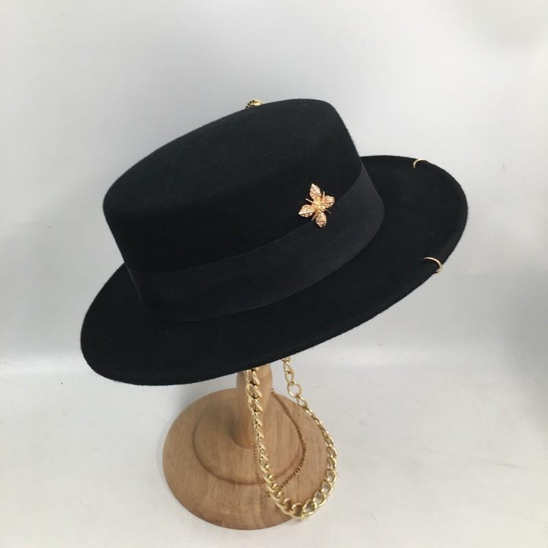 Капелюх канотьє фетровий Rebel Chic Hat з пірсингом/шпилькою/ланцюжками з вовни Чорний - фото 7