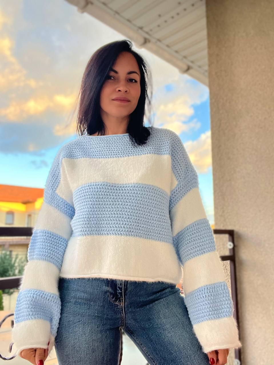 Светр жіночий A-N 1203 широка смуга комбинований плетіння ангора широкі рукава OS Блакитний (2955) - фото 3 Светр жіночий A-N 1203 широка смуга комбинований плетіння ангора широкі рукава OS Блакитний (2955) - фото 3
