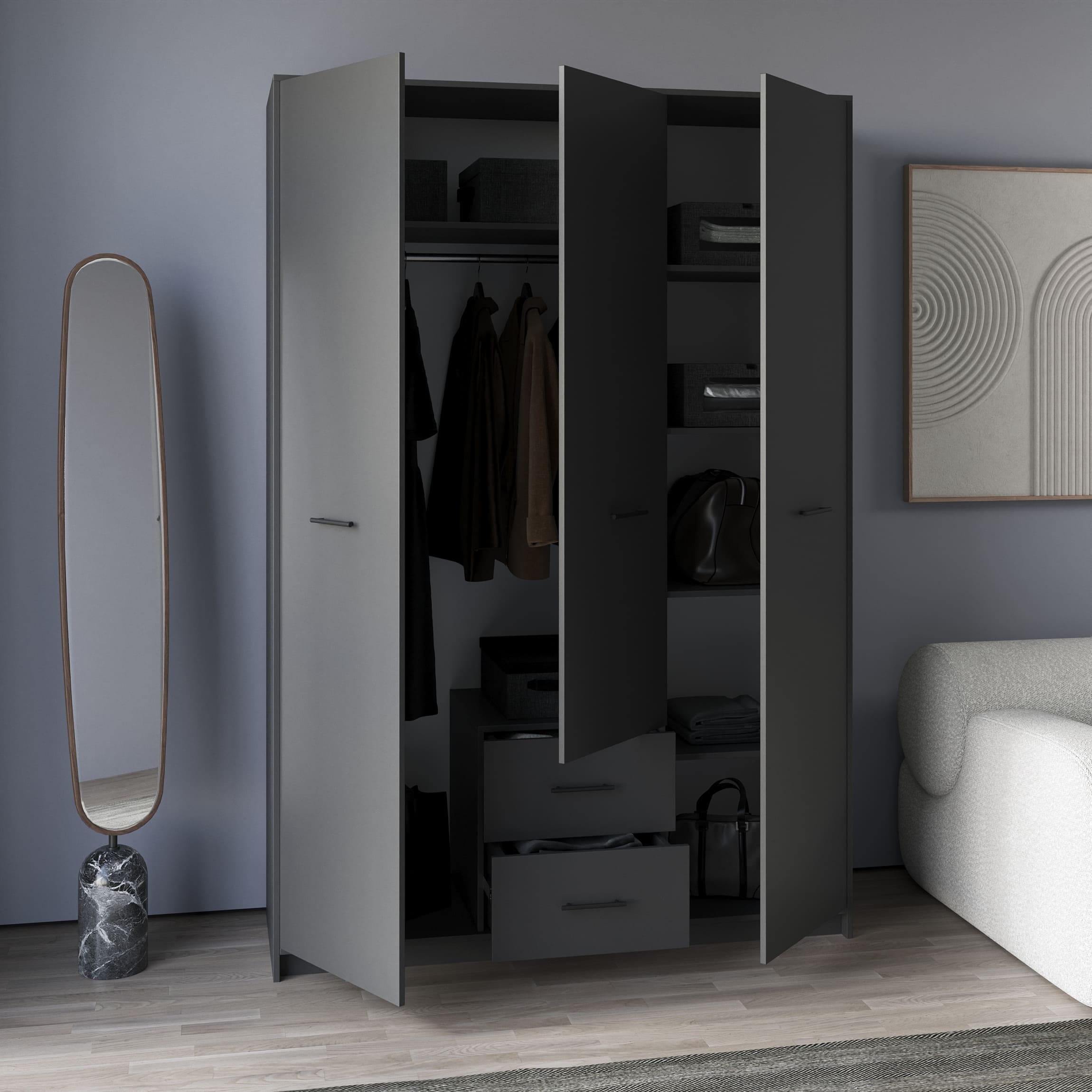 Шкаф трехдверный с двумя ящиками полками и штангой Антрацит (380556)