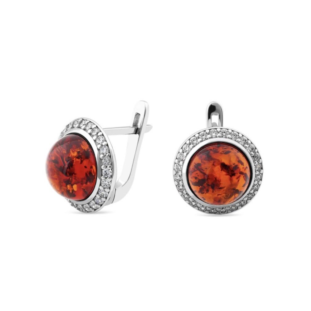 Серьги круг с янтарем серебро 925 пробы родированное 5,48 г (870с)