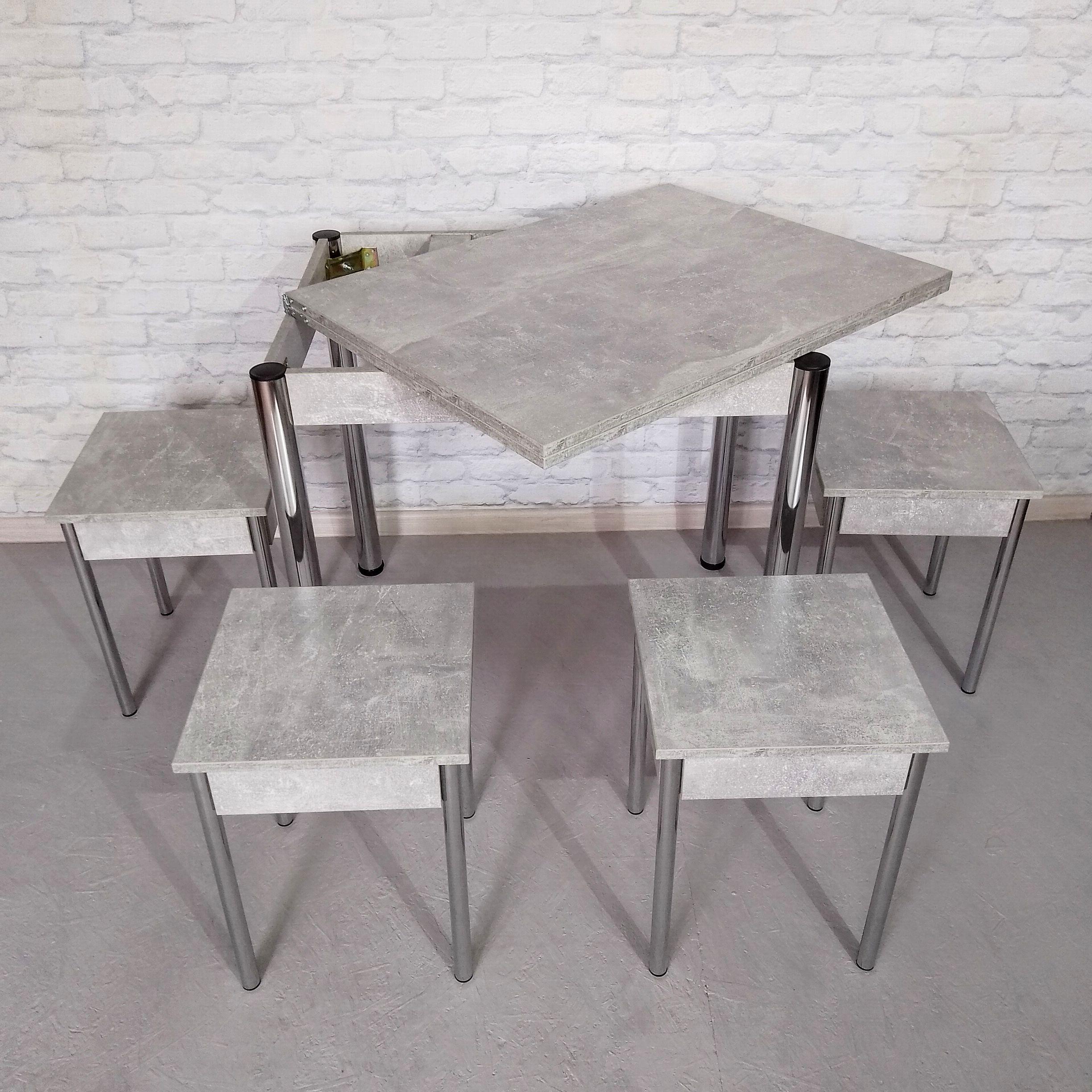 Обеденный стол раскладной и 4 табурета Вента ножки металлические 80х60х75 см/120х80х75 см Бетон/Хром (0044) - фото 3 Обеденный стол раскладной и 4 табурета Вента ножки металлические 80х60х75 см/120х80х75 см Бетон/Хром (0044) - фото 3