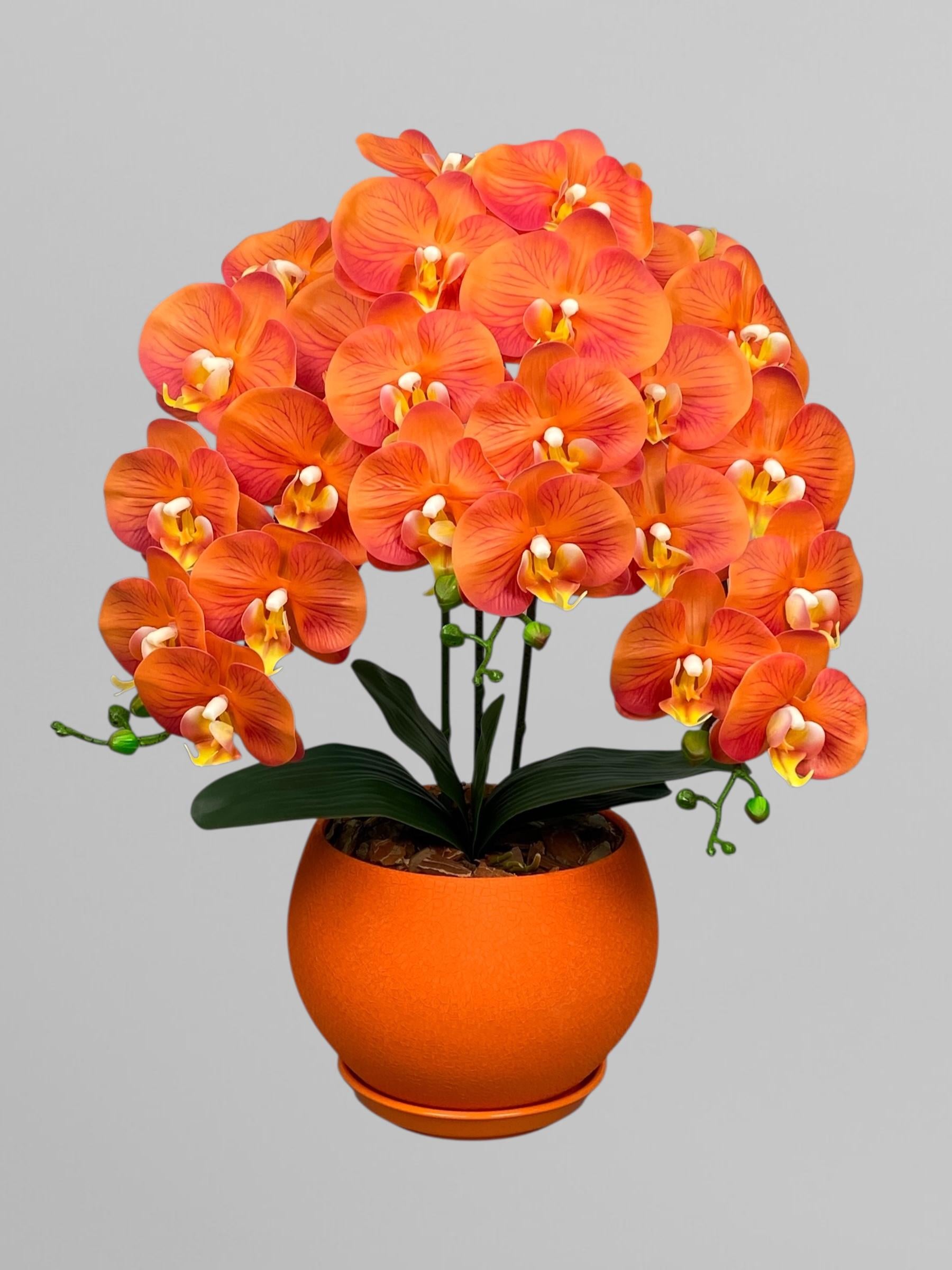 Композиция из латексных орхидей на 3 веточки в оранжевом керамическом кашпо 60 см Оранжевый (А299)