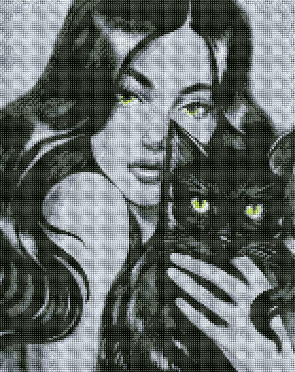 Алмазная мозаика/вышивка Ideyka Черный пушистик Девушка с котом 40х50 см (AMO 7697)