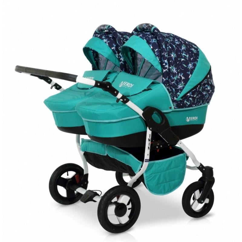 Коляска для двійні Verdi Twin з дощовиком та сумкою Бірюзовий з принтом