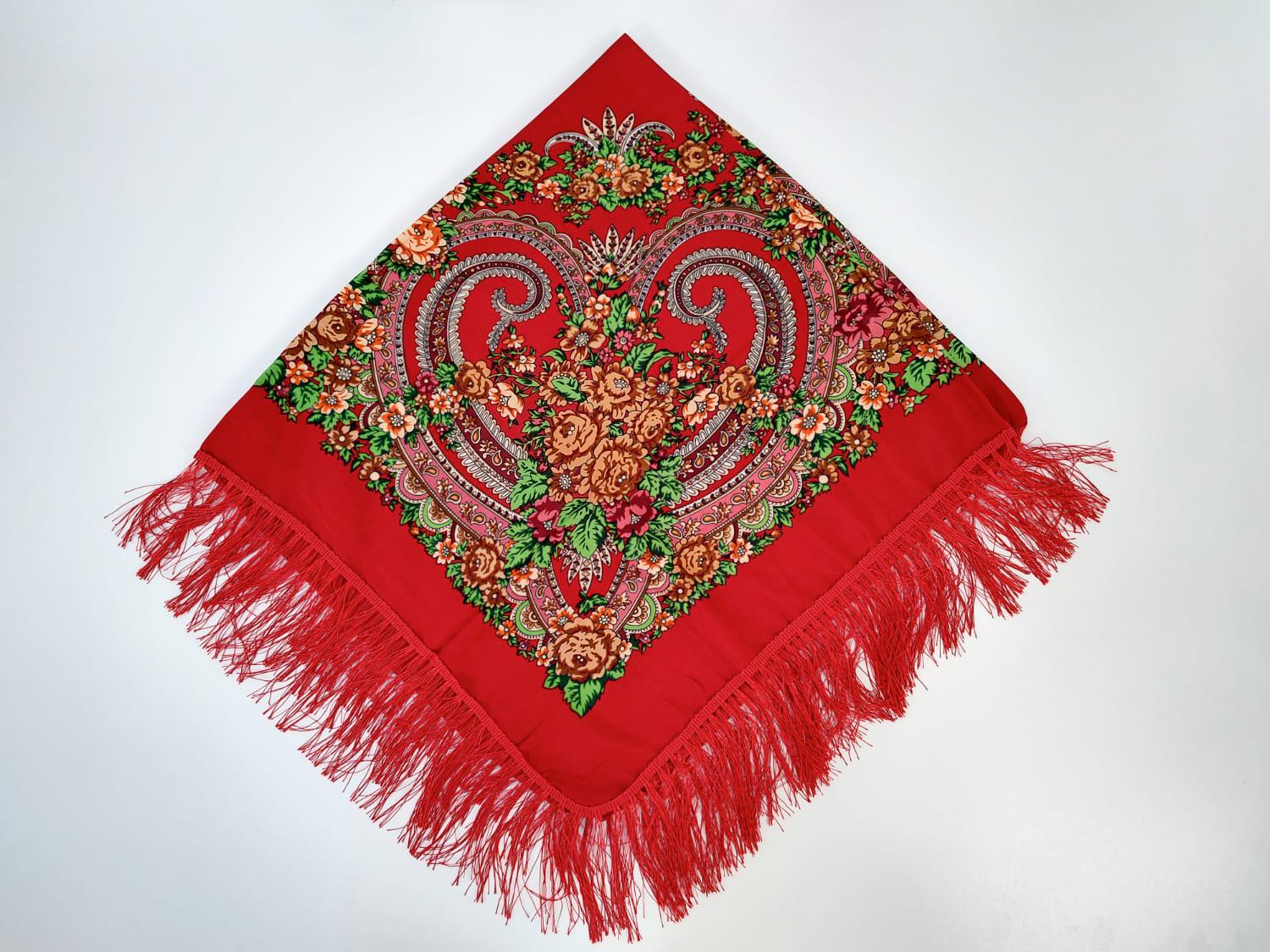 Платок в народном стиле с узорами Букет роз 120х120 см Красный М27 (29416910)
