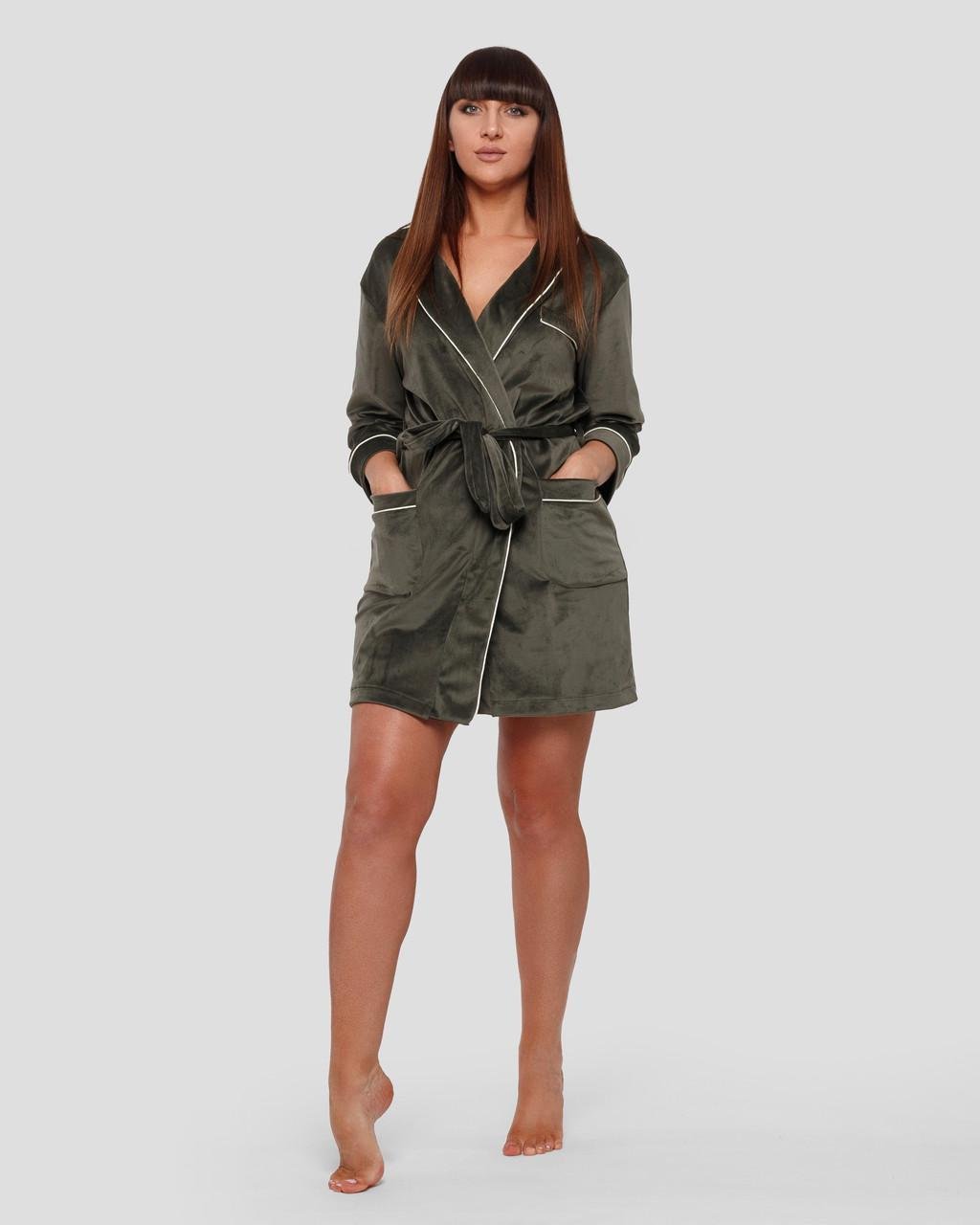 Халат женский велюровый с кантом 3XL Хаки (1805434257) - фото 5