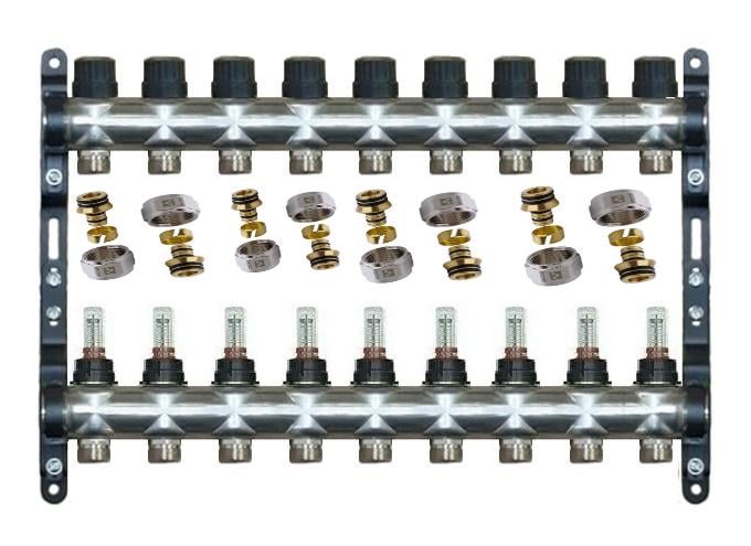 Колектор Lider Comfort 9 контурів з витратомірами і євроконусами для теплої підлоги (9235001)