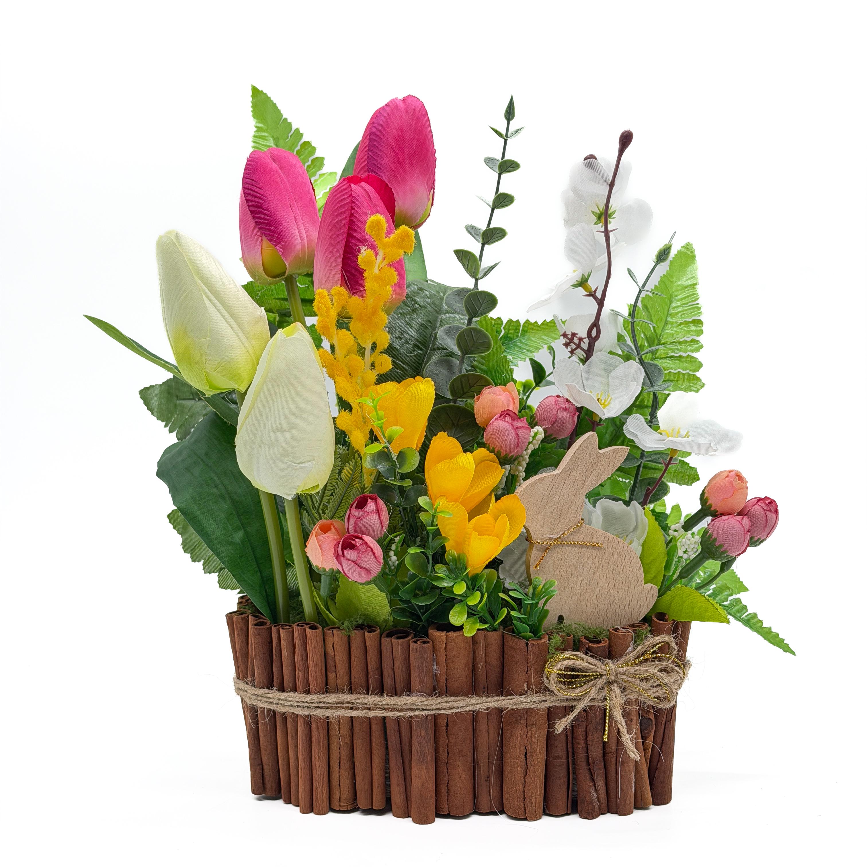 Букет декоративный GALA DECOR в кашпо из корицы с тюльпанами и фигуркой кролика 20 см