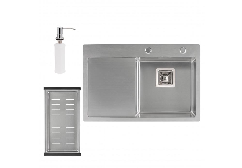 Набор 3 в 1 кухонная мойка Q-tap DK6845R 3/1,2 мм Satin с сушилкой и дозатором для моющего средства