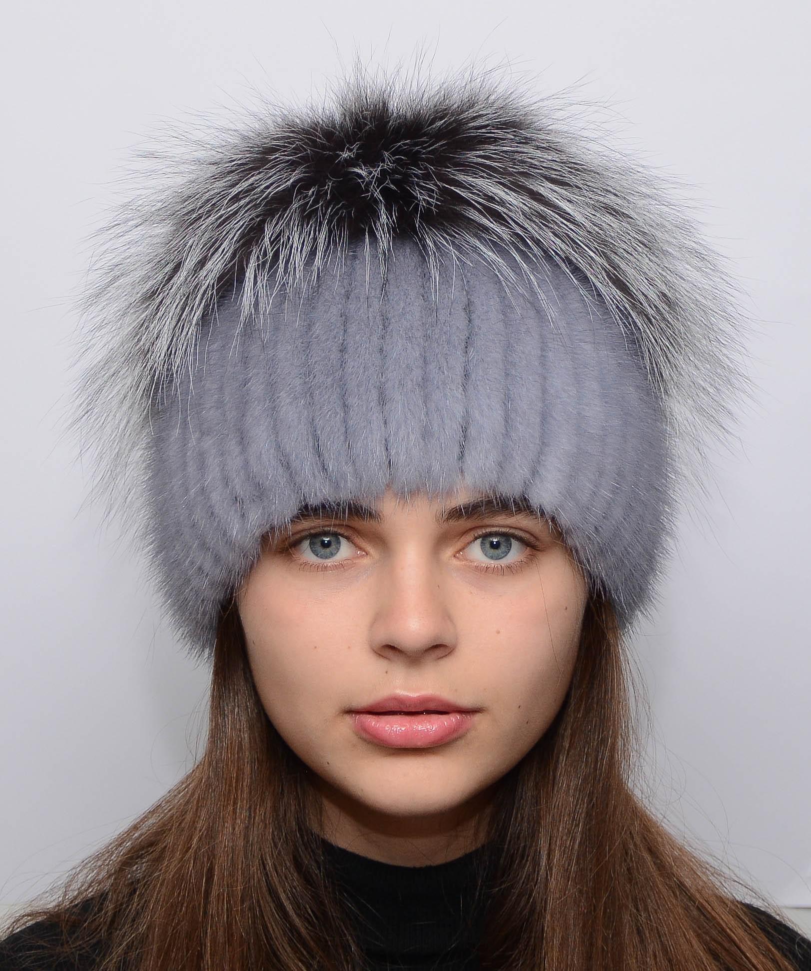 Зимняя шапка Меховой стиль Звездочка из вязаной норки натуральный мех Сапфир (100)