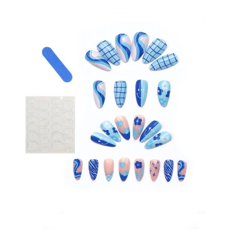 Комплект накладних нігті Blue Fantasy мигдаль середньої довжини з клейовими пластинами 24 шт. Синій (2789190674)