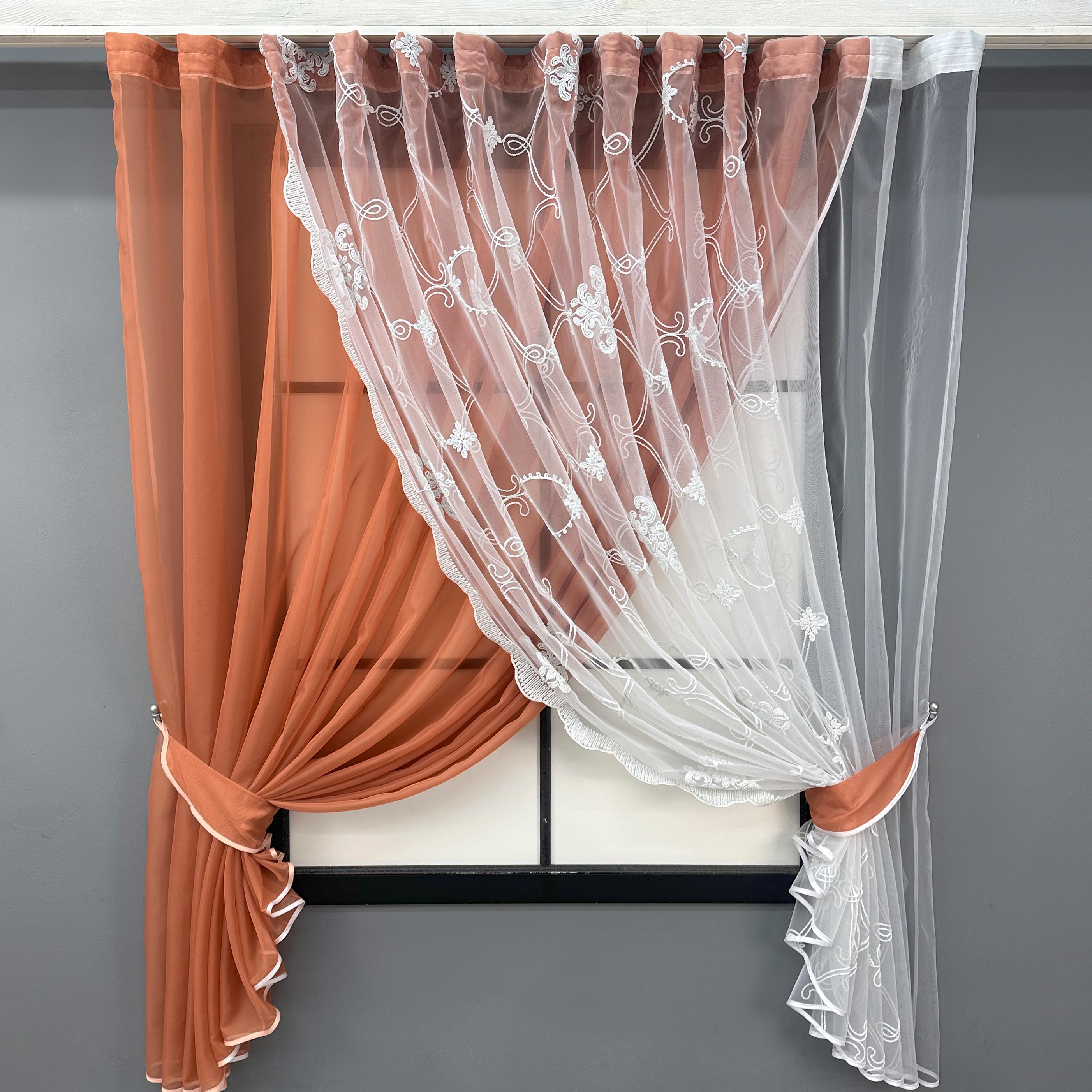 Шторки кухонні VR-Textil № 101к із підв'язками 330х170 см Кораловий/Білий (52-1191)