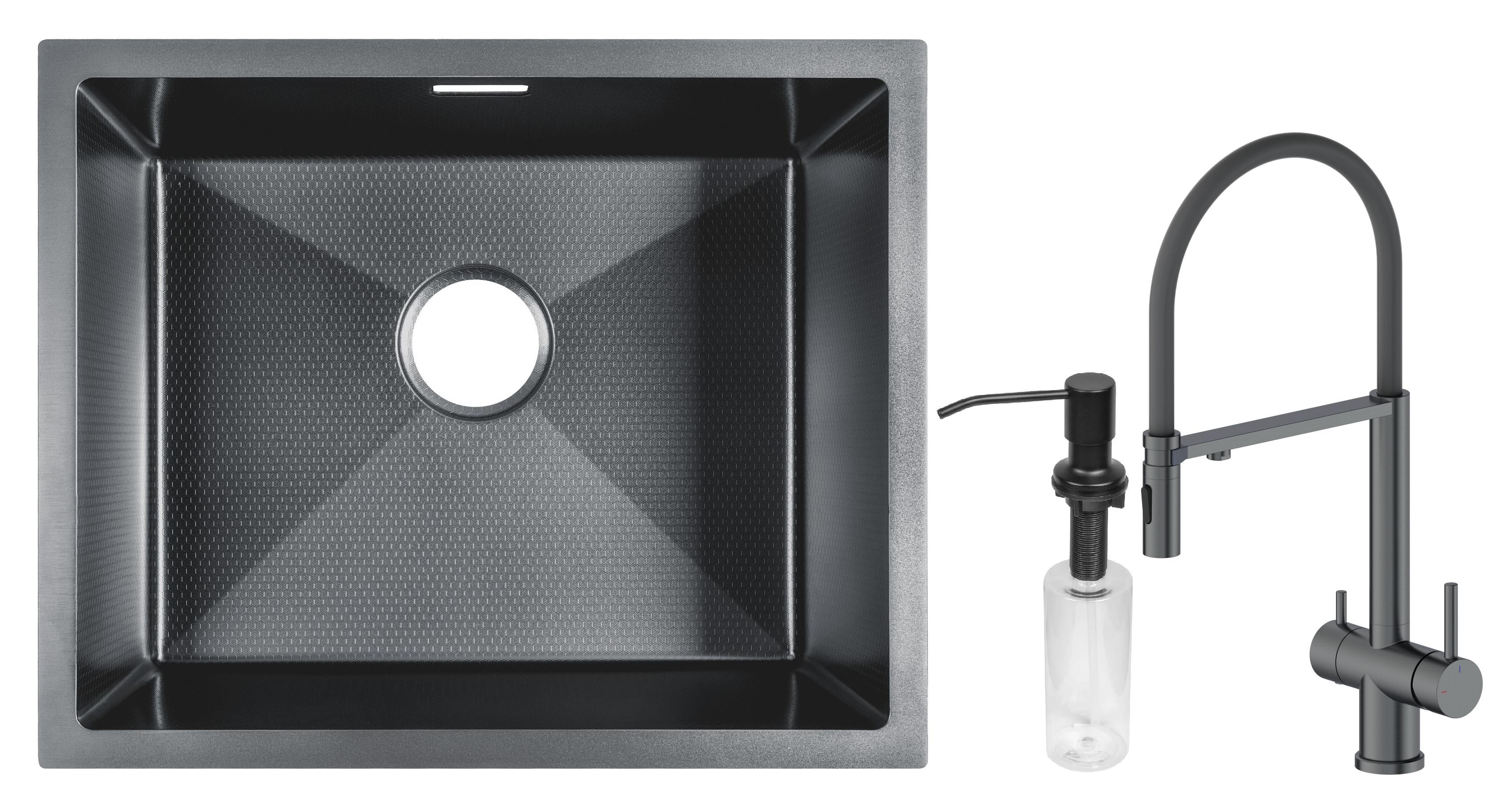 Мойка для кухни Gunter&Hauer Ruwer 5522 Black Honey с кухонным смесителем Gunter&Hauer BERG Gun Metal/дозатором SOAP DISPENSER Black (71606)