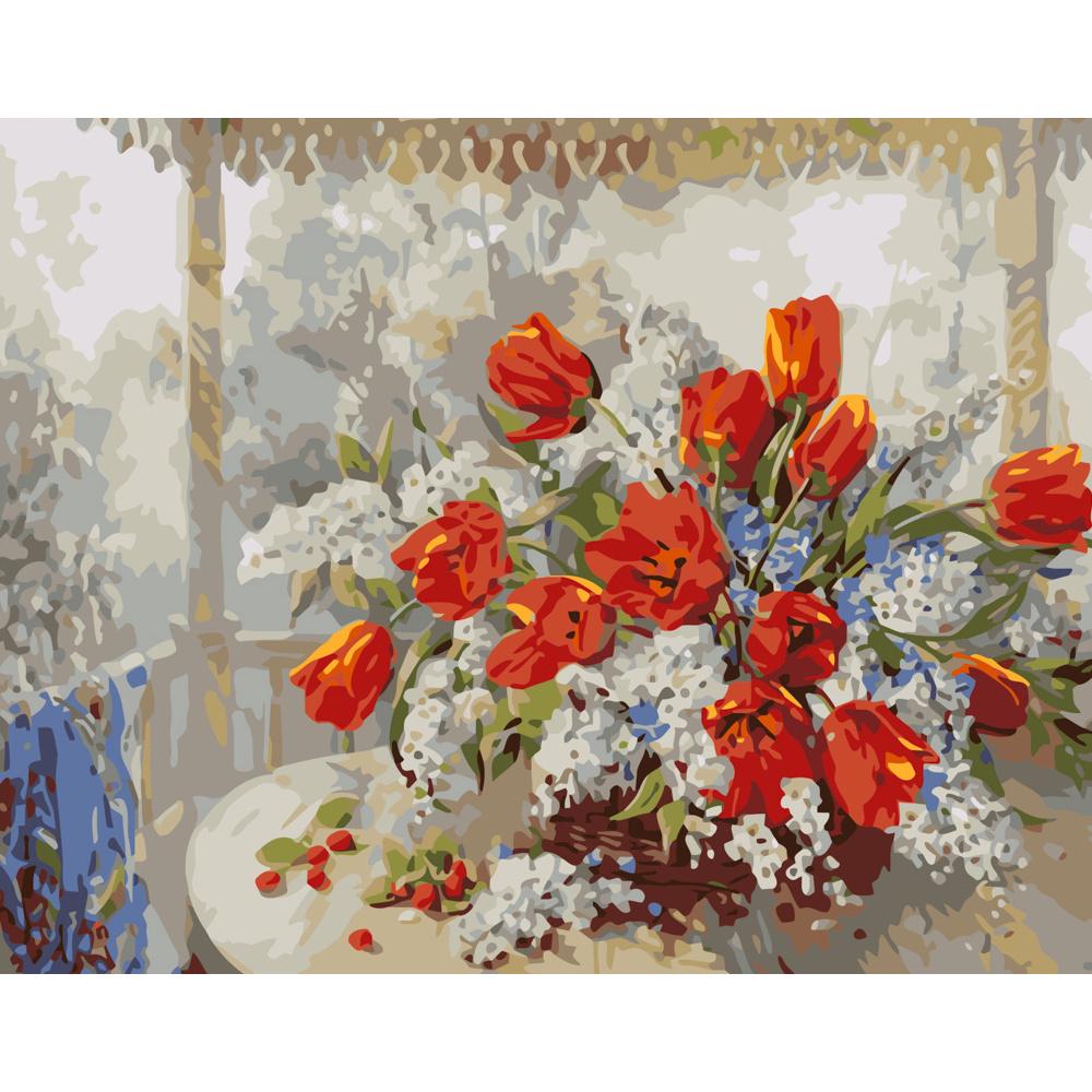 Картина по номерам Strateg Премиум Тюльпаны и сирень 40х50 см (GS129)