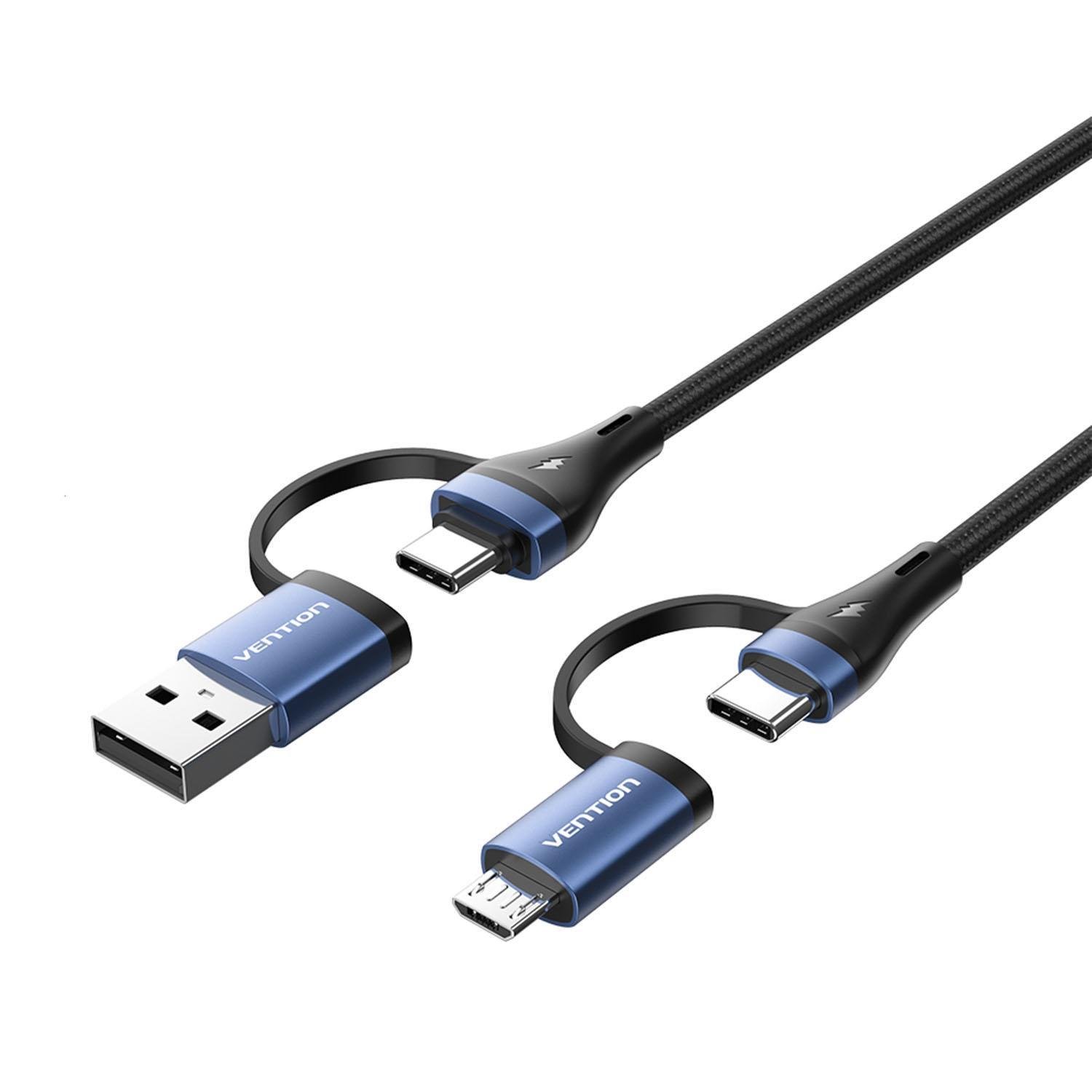 Кабель Vention USB + Type-C-Type-C + Micro-USB 100Вт 5А/20В 480 Мбіт/с USB-A + USB-C на USB-C + Micro-B PD нейлоновий шнур 2 м Чорний (CTLLH)