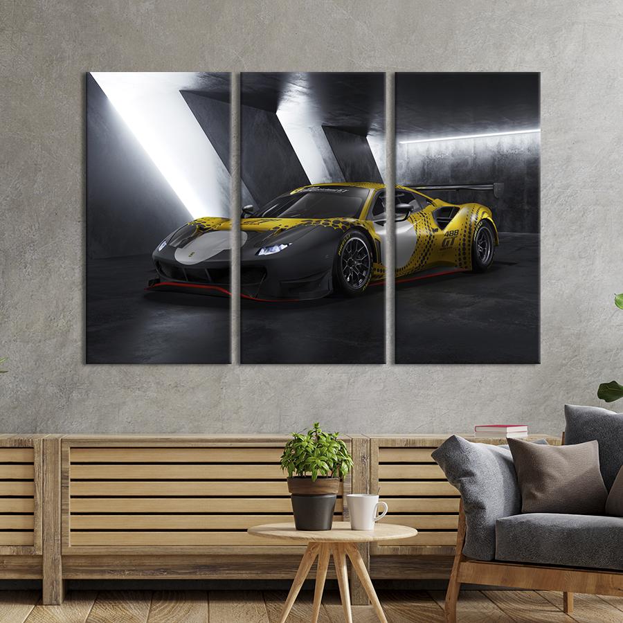 Картина на холсте триптих Жёлтая Ferrari 488 GT Modificata 128x81 см (1315-31)