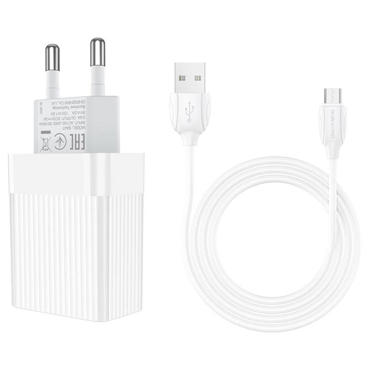 Зарядний пристрій Borofone BA47A Mighty speed Single Port QC3.0 3A USB to Micro-USB Cable 18W White (BA47AMW) - фото 4 Зарядний пристрій Borofone BA47A Mighty speed Single Port QC3.0 3A USB to Micro-USB Cable 18W White (BA47AMW) - фото 4