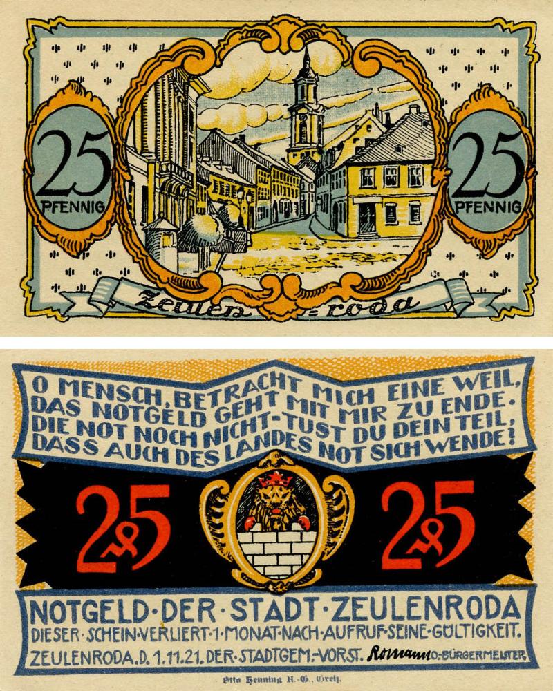 Коллекционная банкнота Германия Нотгельд 25 пфеннигов 1921 F-VF Цойленрода (Б18556)
