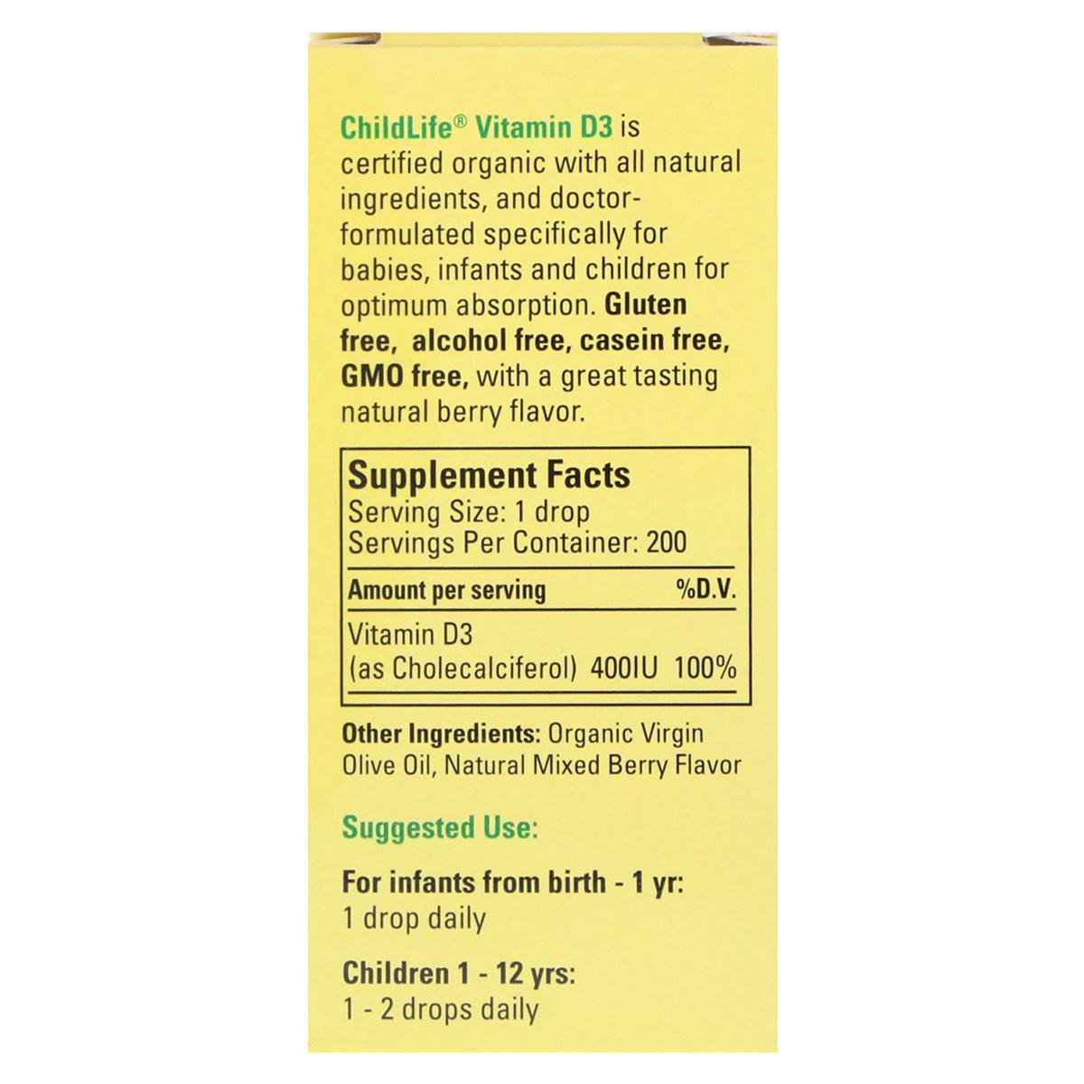 Жидкий витамин D3 ChildLife 400 МЕ Organic Vitamin Drops для детей со вкусом ягод 10 мл (CDL13000) - фото 2