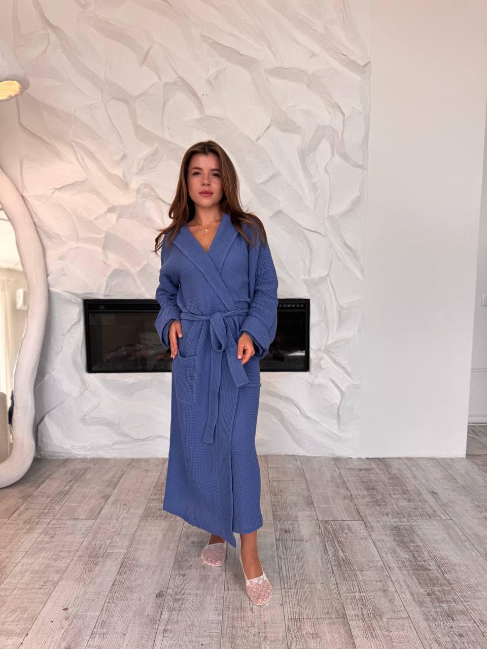 Халат с капюшоном на запах 2XL Синий (П4К-al-hal-vafel-f-001-02)