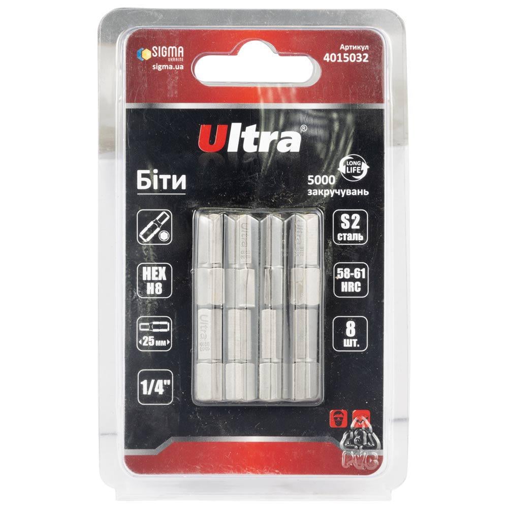 Набор бит Ultra HEX 8 x 25 мм 1/4" 8 шт. S2 в блистере (4015032)