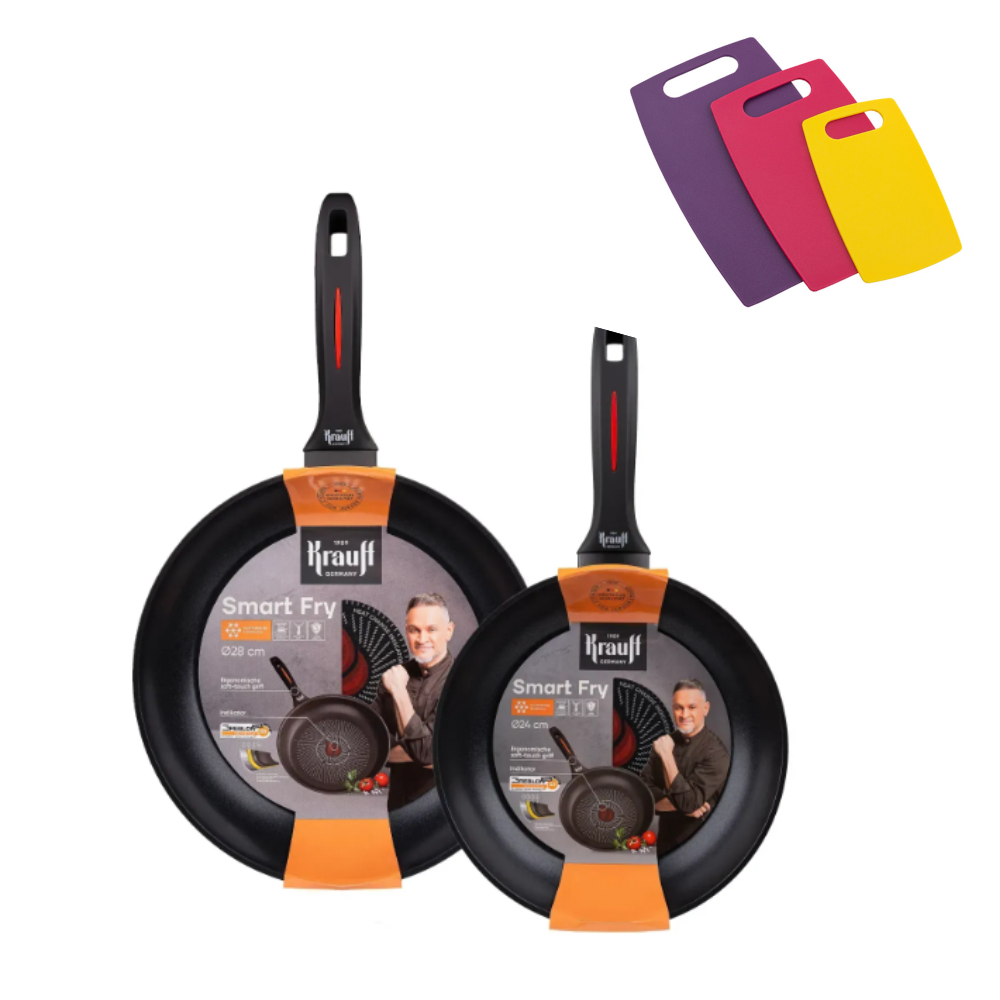 Набір сковорідок з індикатором нагріву Krauff Smart Fry 24/28 см із набором кухонних дошок Picasso 5 од. (55-333-503)