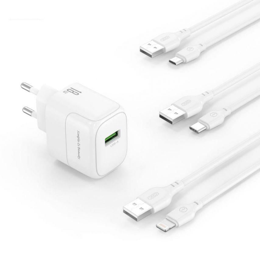 Адаптер Xo L135 1 USB/QC3.0/18 W/Data Cable USB to Micro White