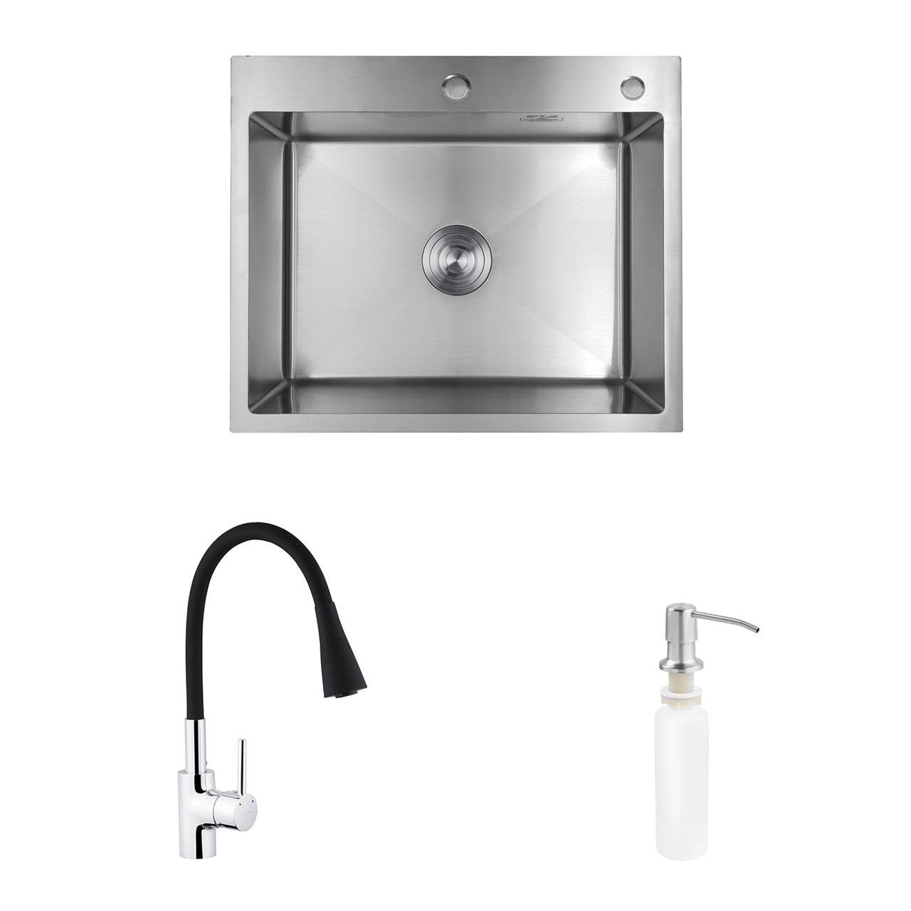 Комплект кухонна мийка Kroner Gebürstet-6050HM/змішувач Küche-C031BLK/дозатор Spender-016 (2669564665)